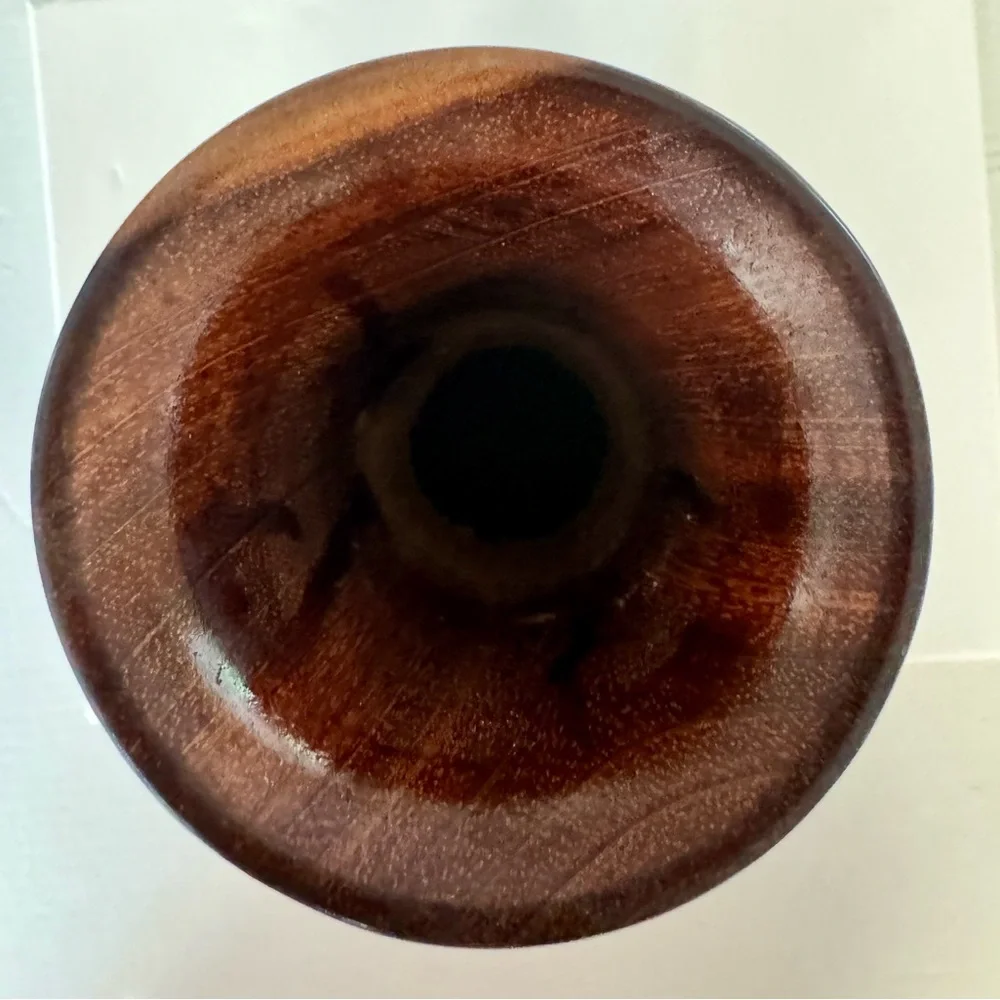 Vtg Hand turned brown Boho light and dark unique wood vase.
